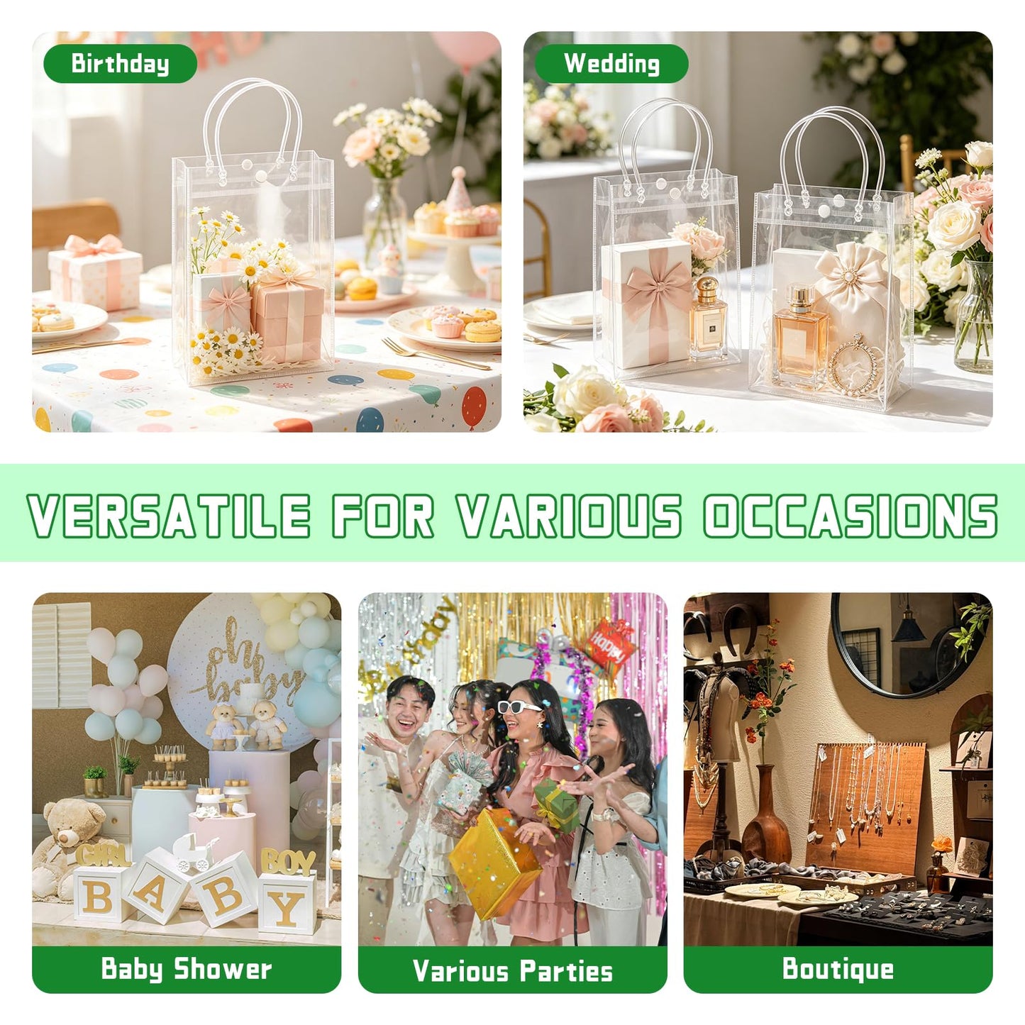 BadenBach 24 PCS Clear Gift Bags with Handles, 7.5 x 10.6 x 3.5 Inch Clear Plastic Party Favor Bag Transparent Goodie Tote Bag Gift Wrap Bags Bulk for Wedding Baby Shower Birthday Mother's Day