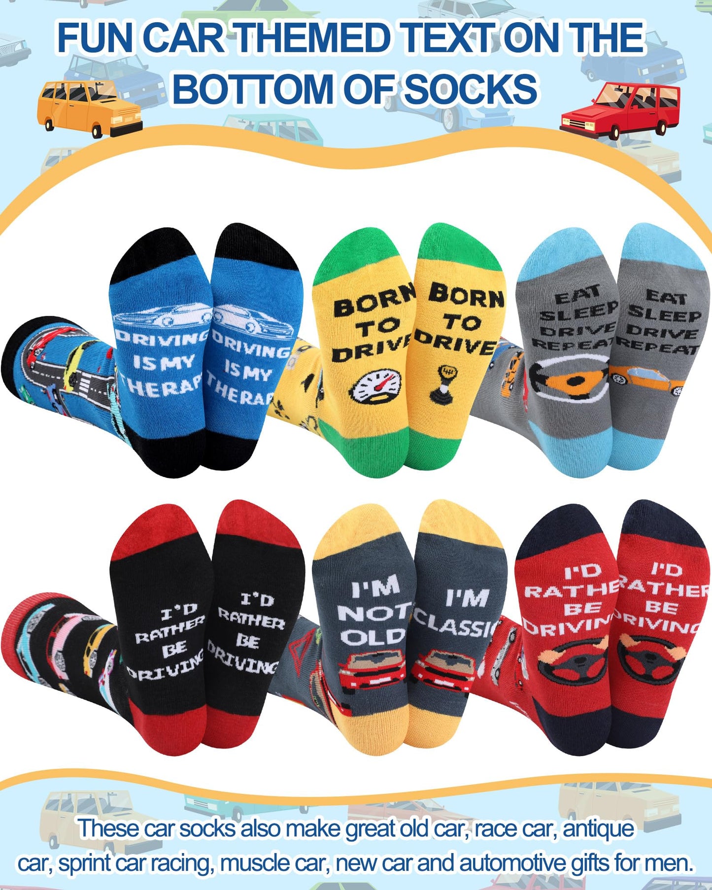 6 Pairs Funny Car Socks for Men Novelty Automotive Cotton Crew Socks for Car Lover Birthday Father's Day Gift