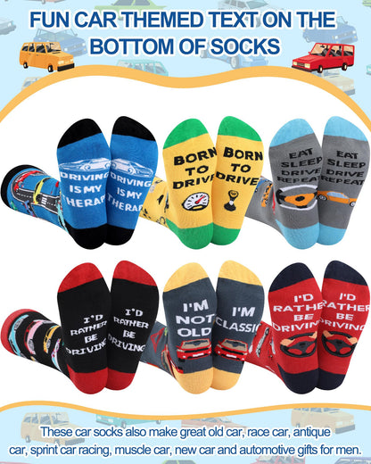 6 Pairs Funny Car Socks for Men Novelty Automotive Cotton Crew Socks for Car Lover Birthday Father's Day Gift