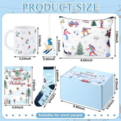 Potchen 6 Pcs Ski Gifts Set Winter Skiing Ceramic Mug, Socks for Skiers, Makeup Bag, Card, Acrylic Christmas Ornament and Box Skiing Accessories for Ski Lovers Women Men Snowboarder