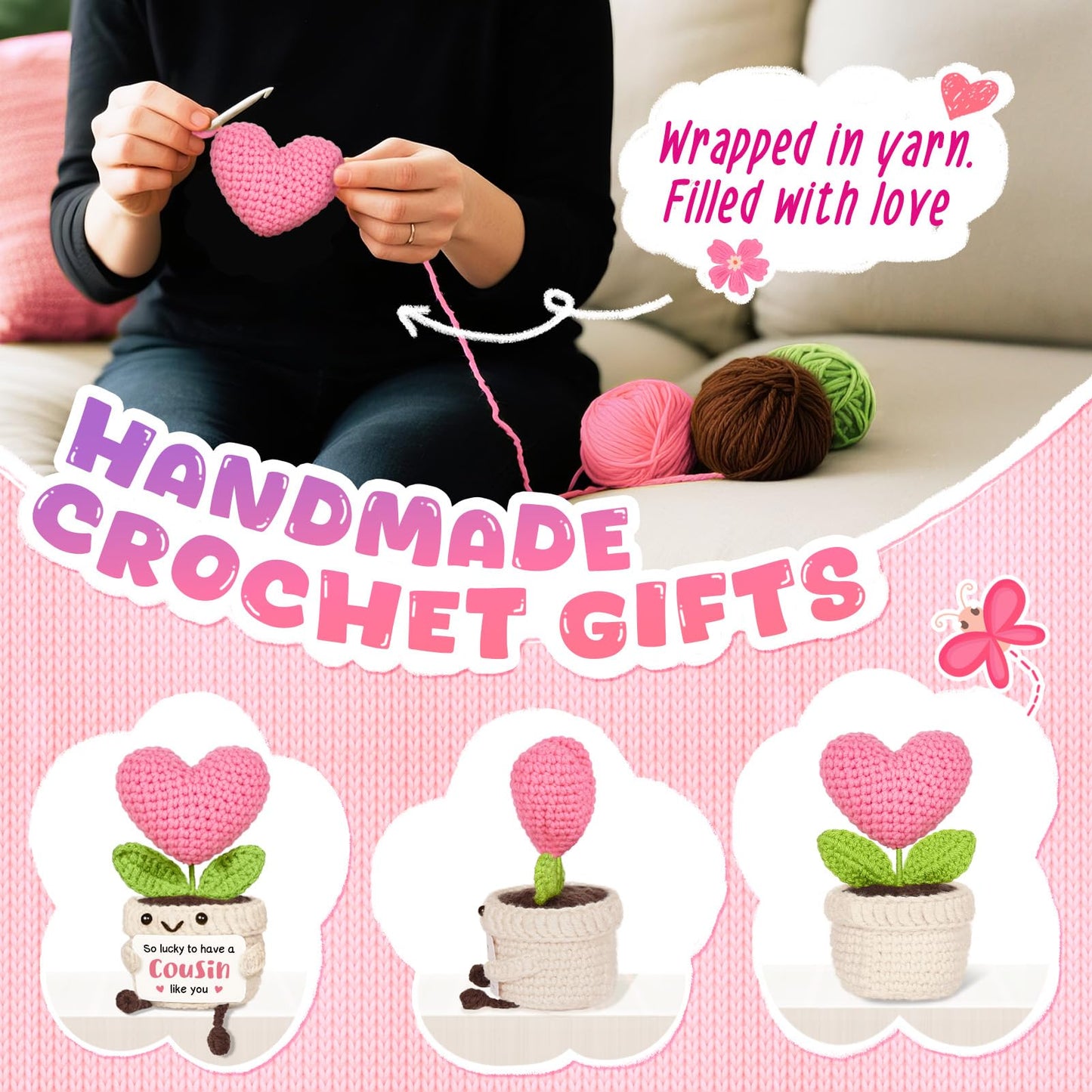 Cousin Gifts for Women, Birthday Gifts Ideas for Cousins, Cute Handmade Crochet Mini Pink Heart Flower