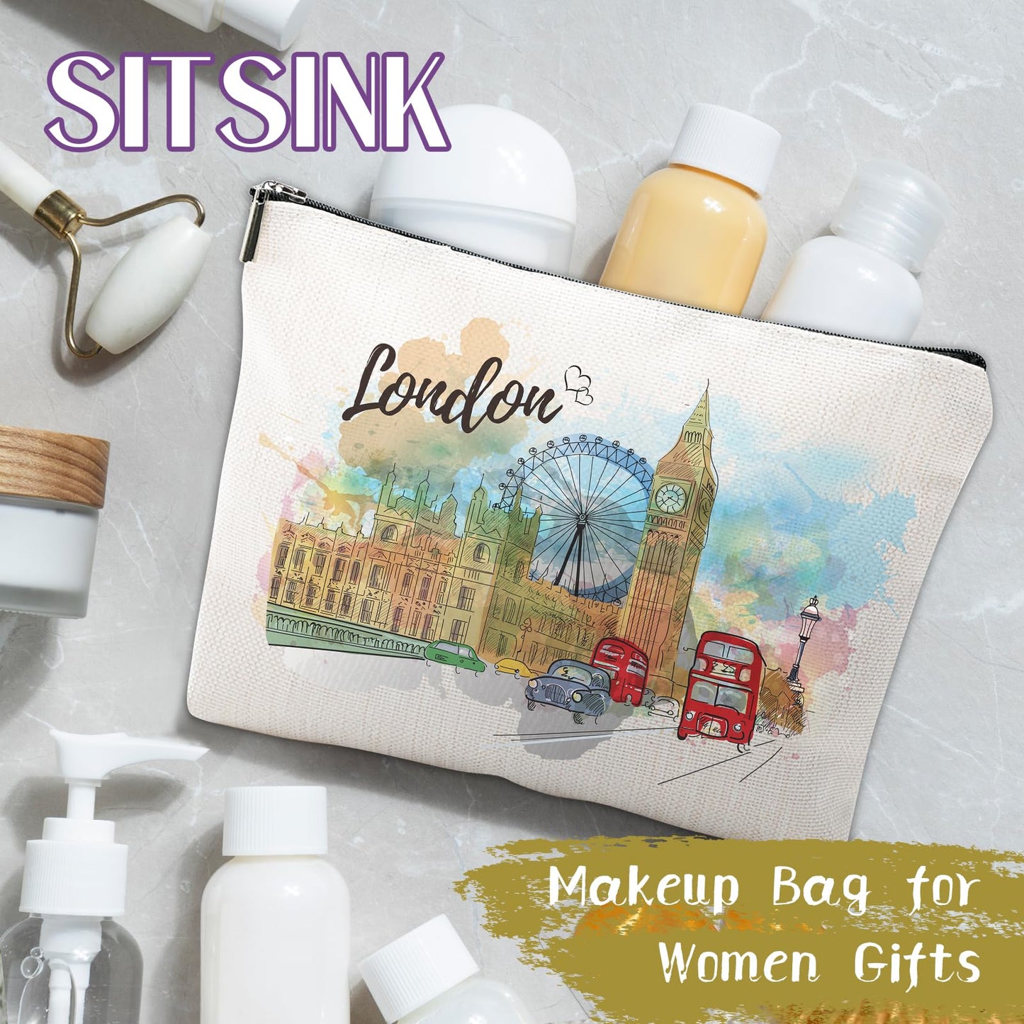 Sitsink London Travel Souvenirs Gifts - London Travel Must Haves Gifts from England, British Iconic Landmarks Big Ben Makeup Bags Pouch, Small Cosmetic Bag London Gifts for Friends Birthday Christmas