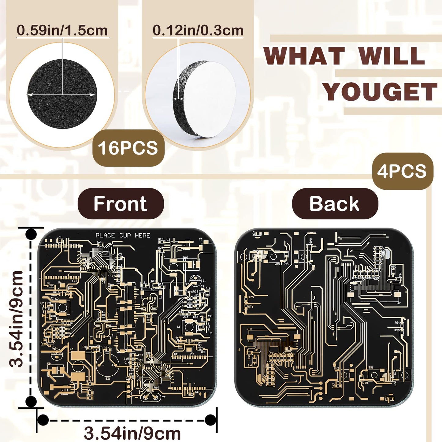 Nuenen 4 Pcs Circuit Board Coasters for Drinks PCB Coasters Immersion Gold Circuit Board PCB Design Engineer It Gift for Party Bar Office Geek Nerd Engineer Dad Gift Men(Classic Style,Black)