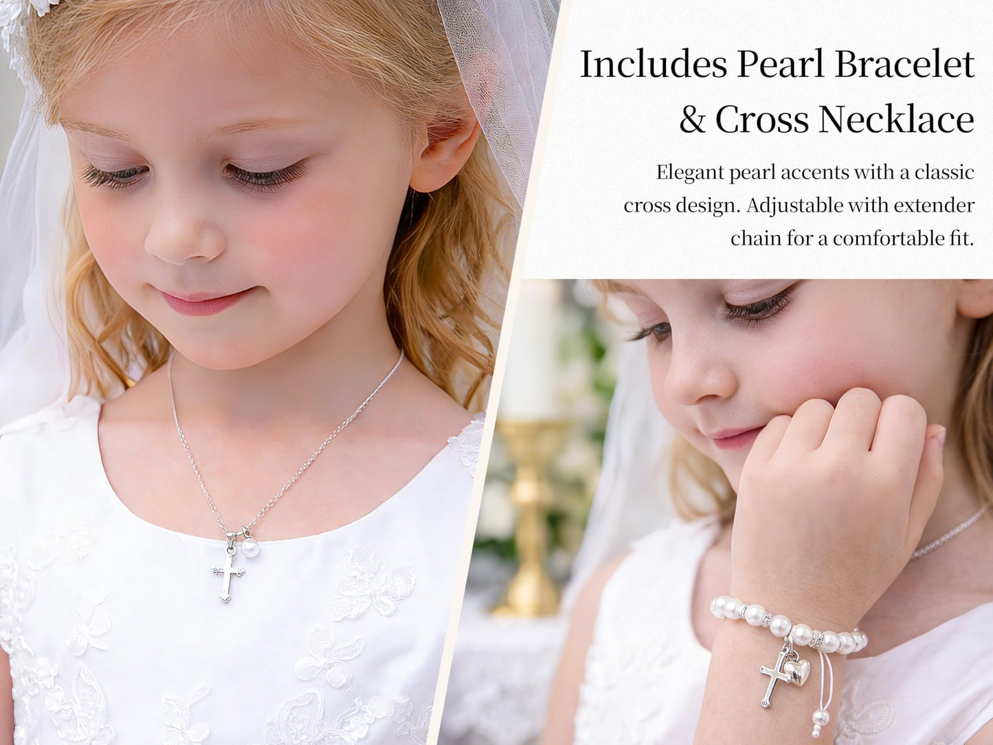 First Communion Gifts for Girls- First Holy Girl Figurine with Keepsake Box & Flower Girl Headpiece & Cross Necklace & Cross Bracelet Included, 1st Communion Gifts for Girls