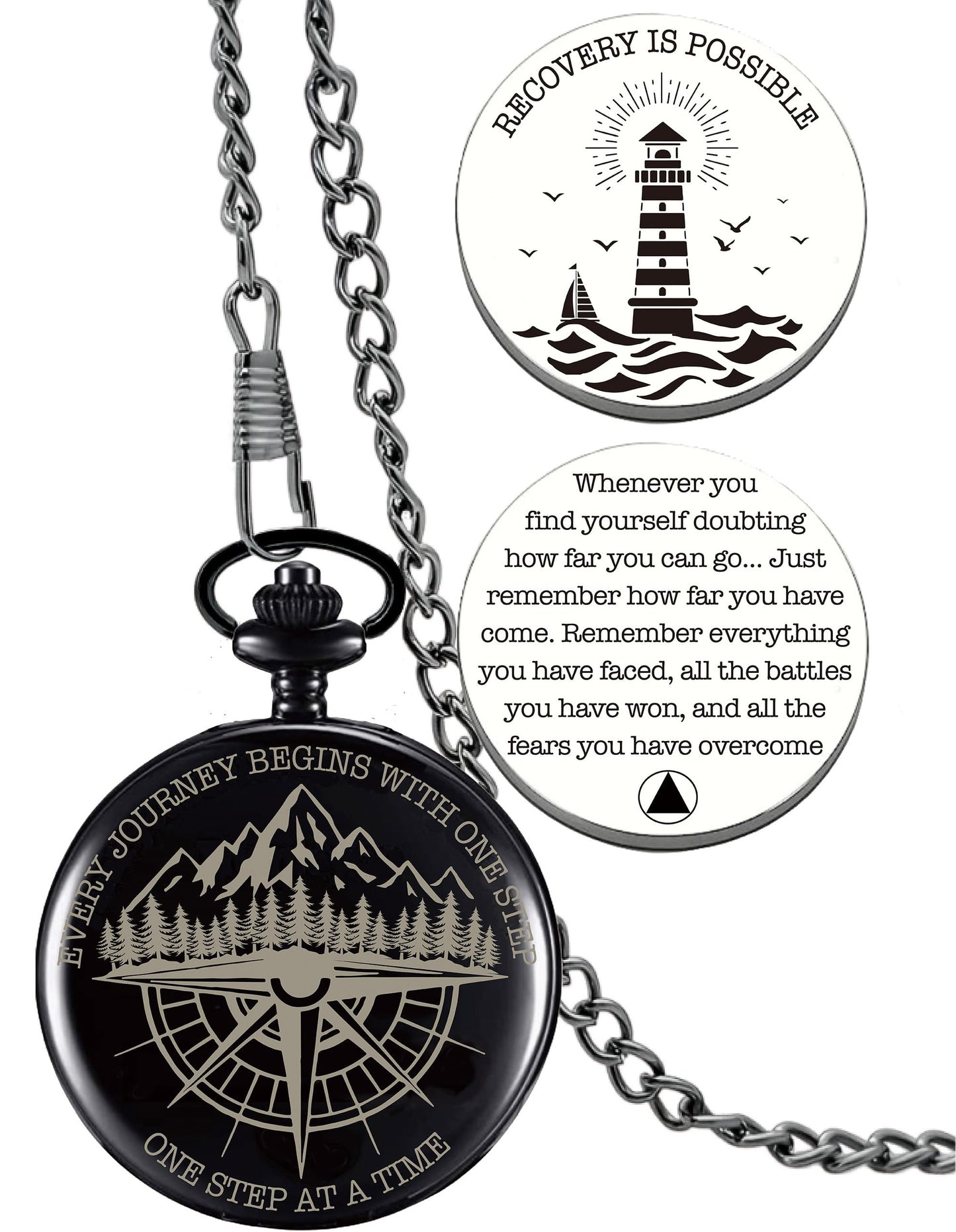 Sobriety Gifts Men, One Step at A Time Gifts Pocket Compass Black, Sobriety Pocket Token, Alcoholics Anonymous Gift, Inspirational Recovery Gift for Men from Addiction, Sober Gifts for Him Husband