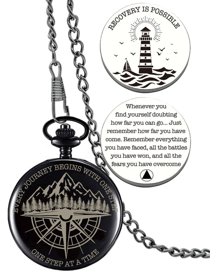 Sobriety Gifts Men, One Step at A Time Gifts Pocket Compass Black, Sobriety Pocket Token, Alcoholics Anonymous Gift, Inspirational Recovery Gift for Men from Addiction, Sober Gifts for Him Husband