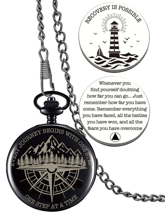 Sobriety Gifts Men, One Step at A Time Gifts Pocket Compass Black, Sobriety Pocket Token, Alcoholics Anonymous Gift, Inspirational Recovery Gift for Men from Addiction, Sober Gifts for Him Husband