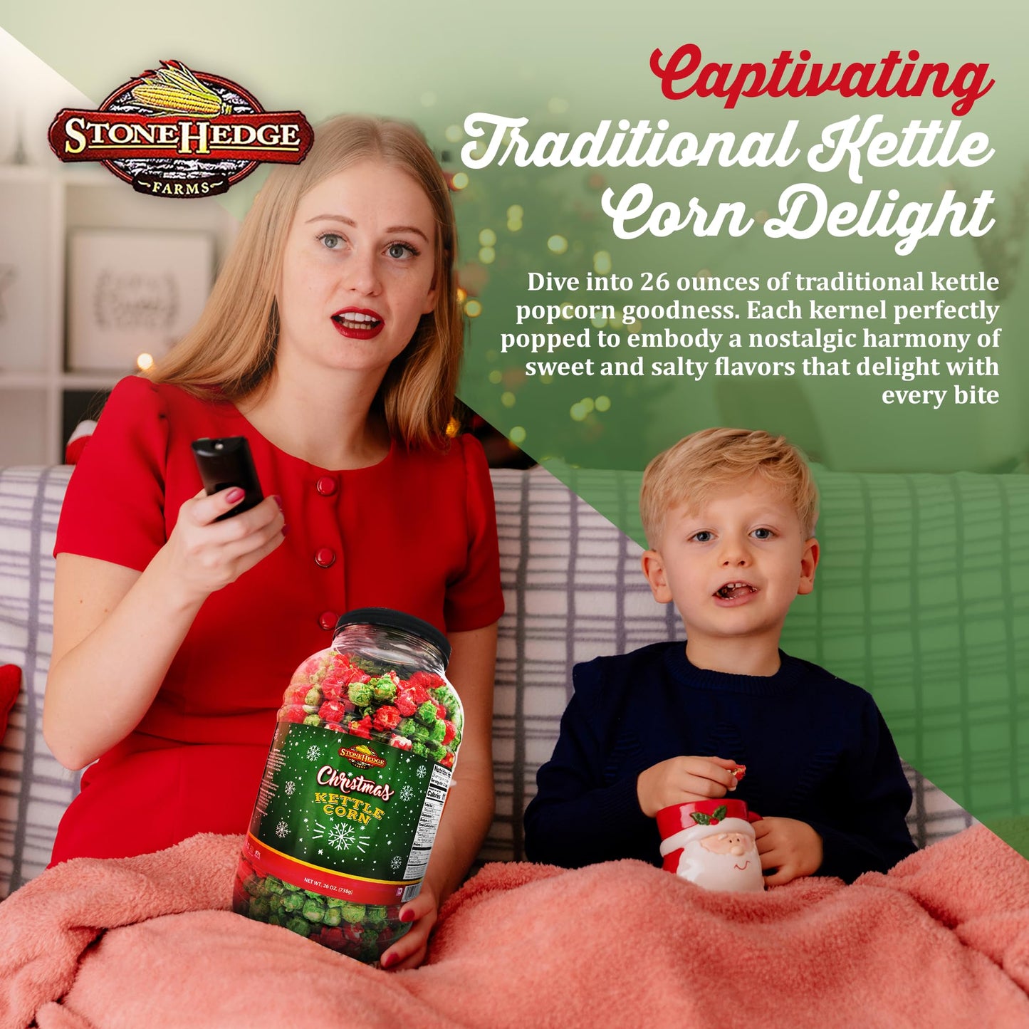 Stonehedge Farms Christmas Kettle Corn Popcorn | 26 oz Large Tub | Perfect for the Holidays | Green and Red | Bulk Gourmet Popped Sweet Snacks | Pop Corn Gift