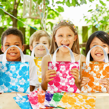 Teling 24 Pcs Hawaiian Party Favor Bags Hibiscus Tropical Tiki Luau Goodie Gift Bags with Handle for Kids Non Woven Summer Birthday Party Supplies