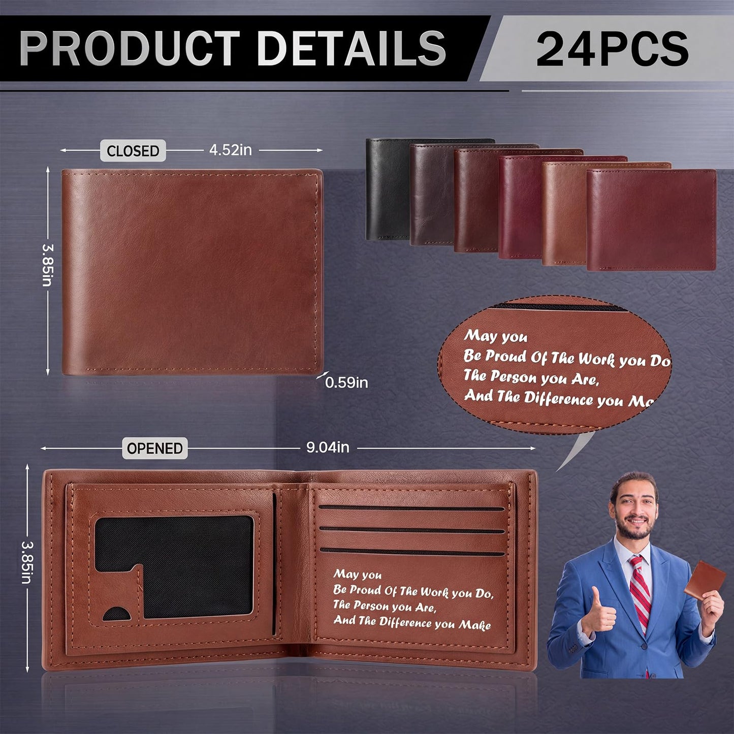 24 Pcs Fathers Day Bulk Gifts Wallet for Men, Bifold Leather Engraved Wallet for Husband Son Dad Coworkers Employees (Multicolor)