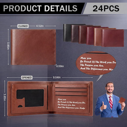 24 Pcs Fathers Day Bulk Gifts Wallet for Men, Bifold Leather Engraved Wallet for Husband Son Dad Coworkers Employees (Multicolor)