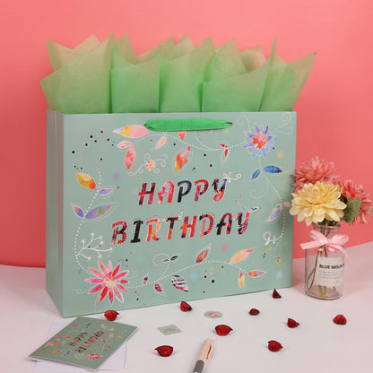 Qirrmiy 16.5” Extra Large Happy Birthday Gift Bag Set with Handles, Greeting Card, Tissue Papers and Stickers for Women Girls, Green Floral Design, 1 Pcs
