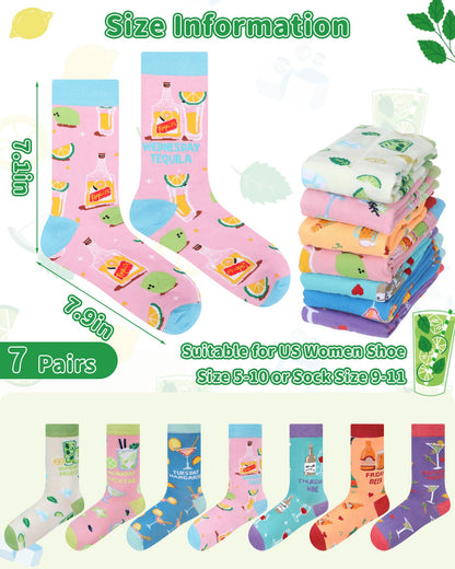Newcotte 7 Pairs Women's Funny Drink & Alcohol-themed Crew Socks, Novelty from Sunday to Saturday Drink Week Gift, Liquor Wine and Beer Socks for Drinking Lover Cocktail Enthusiast Birthday Holiday