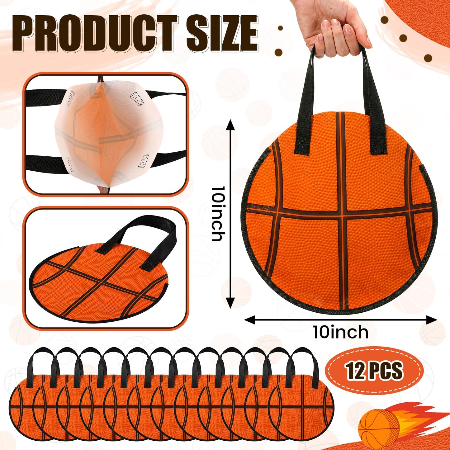 Yeyeplum 12 Pcs Basketball Party Favor Bags 10 × 10 Inch Basketball Gift Bags with Handle Round Non Woven Gift Pouches for Goodie Candy Snacks Sports Themed Birthday Party Supplies
