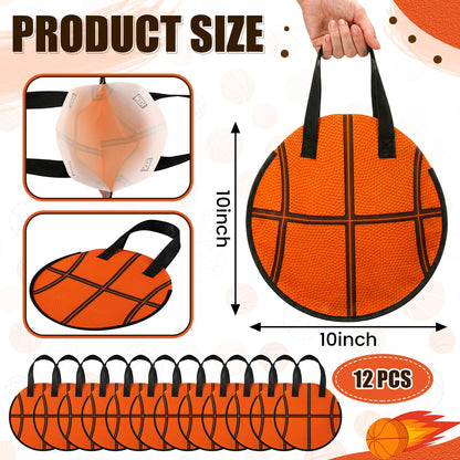 Yeyeplum 12 Pcs Basketball Party Favor Bags 10 × 10 Inch Basketball Gift Bags with Handle Round Non Woven Gift Pouches for Goodie Candy Snacks Sports Themed Birthday Party Supplies