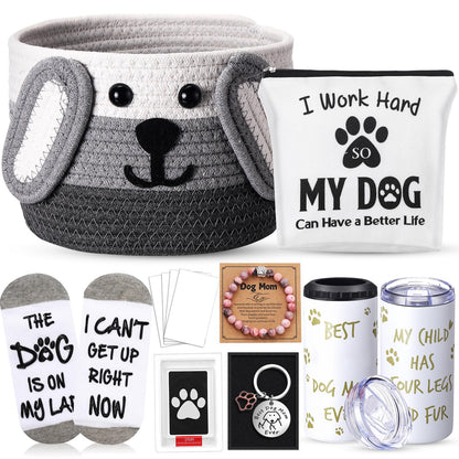 Zopeal 7 Pcs Dog Mom Dog Lover Gifts for Women Puppy Gift Basket with 16 oz 4 in 1 Tumbler Socks Makeup Bag Natural Stone Paw Bracelets Ink Pad Keychain for Mother's Day Birthday Party Gifts