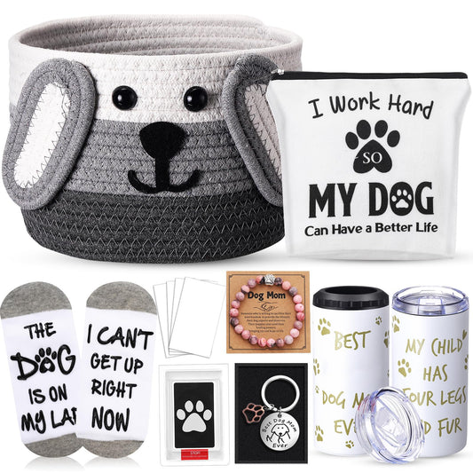 Zopeal 7 Pcs Dog Mom Dog Lover Gifts for Women Puppy Gift Basket with 16 oz 4 in 1 Tumbler Socks Makeup Bag Natural Stone Paw Bracelets Ink Pad Keychain for Mother's Day Birthday Party Gifts