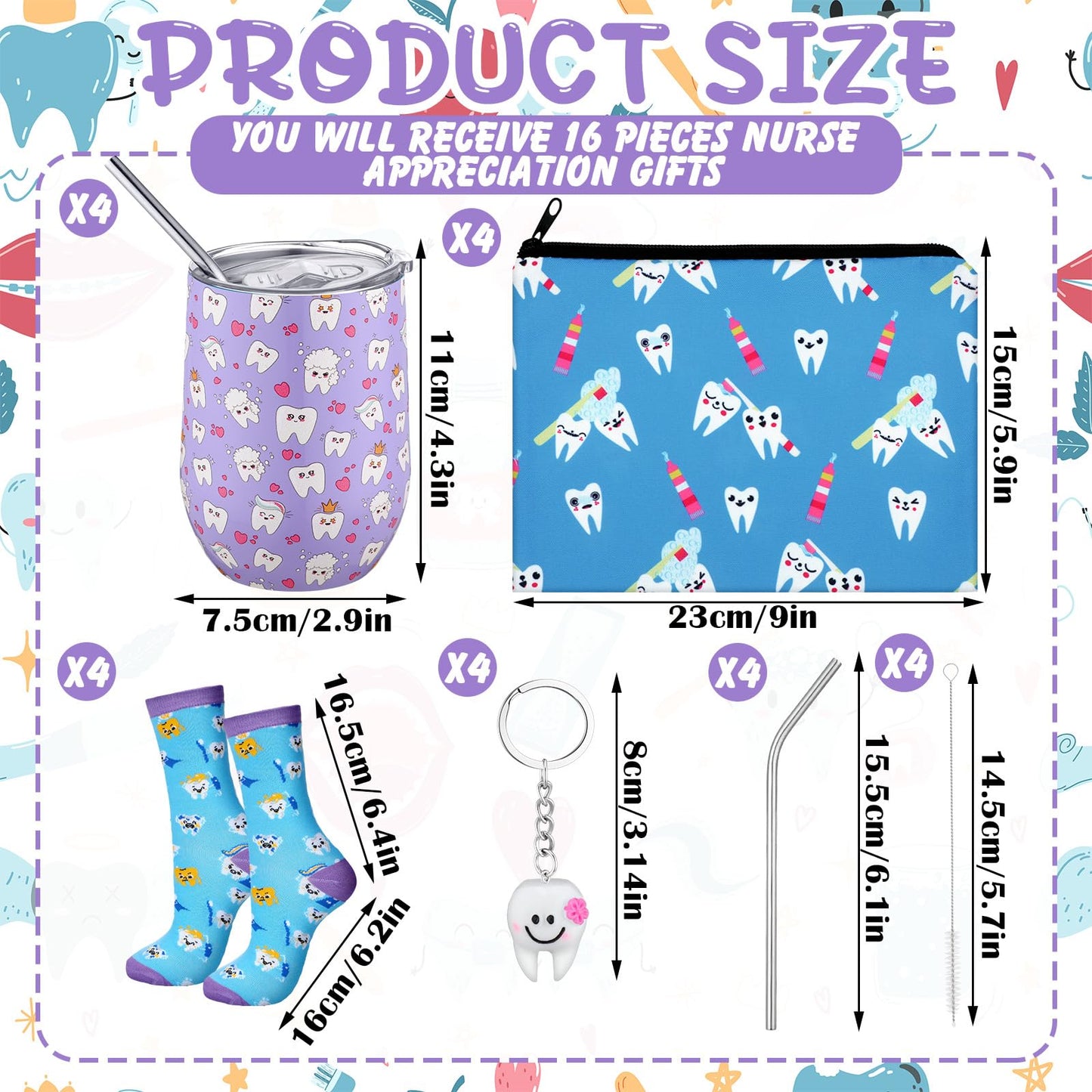 Jingmore 16 Pcs Dental Hygienist Gifts Bulk Include12 oz Teeth Stainless Steel Tumbler Cosmetic Bag Tooth Shape Keychain Tooth Socks Dental Assistant Gifts for Christmas Nurse Graduation Accessories