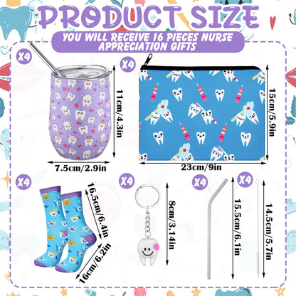 Jingmore 16 Pcs Dental Hygienist Gifts Bulk Include12 oz Teeth Stainless Steel Tumbler Cosmetic Bag Tooth Shape Keychain Tooth Socks Dental Assistant Gifts for Christmas Nurse Graduation Accessories