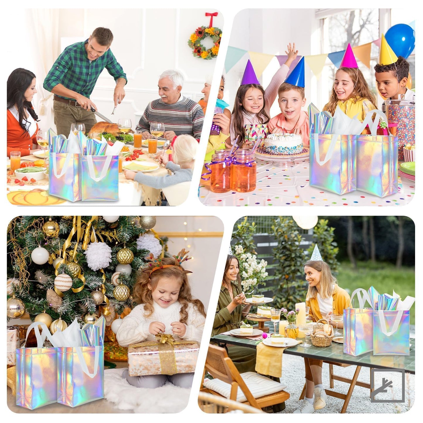 ZIFTY 32PCS Goodie Gift Bags with Handles, Reusable Non-woven Holographic Iridescent Gift Bags Bulk with Tissue Papers for Birthday, Wedding, Easter, Christmas, Holiday Party Favors 8W x 4L x 10H