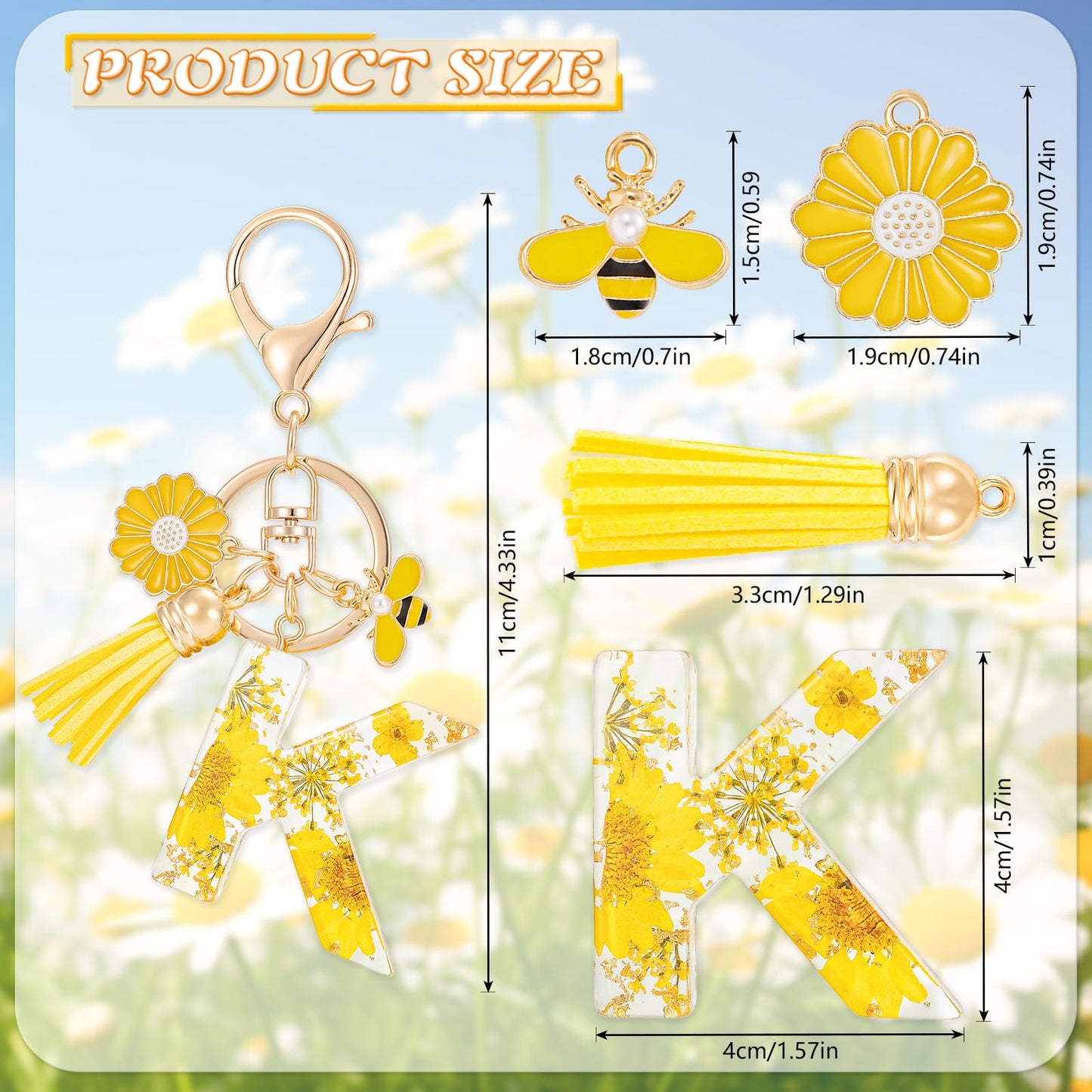 MWOOT Initial Letter Keychain Resin Alphabet Keyrings,Yellow Petals Gold Foil Key Ring Key Chain Charm