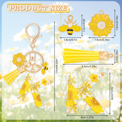 MWOOT Initial Letter Keychain Resin Alphabet Keyrings,Yellow Petals Gold Foil Key Ring Key Chain Charm