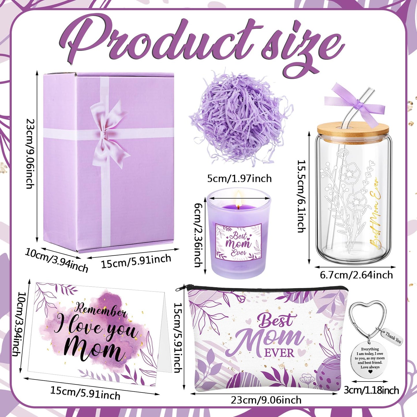 Bokon 6 Pcs Birthday Gifts for Mom Best Mom Ever Gifts Box Set with 16oz Glass Cup Scented Candle Makeup Bag from Daughter Son for Wife Mother Day Party(Purple)