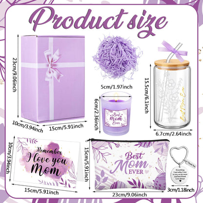 Bokon 6 Pcs Birthday Gifts for Mom Best Mom Ever Gifts Box Set with 16oz Glass Cup Scented Candle Makeup Bag from Daughter Son for Wife Mother Day Party(Purple)