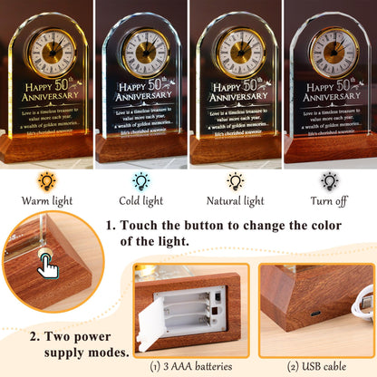 YWHL 50th Wedding Anniversary Clock Gifts for Parents Grandparents, 50 Years Anniversary Couple Gifts, Glass Table Clock Presents with Wooden Light Base for Home Decoration (Battery not Included)
