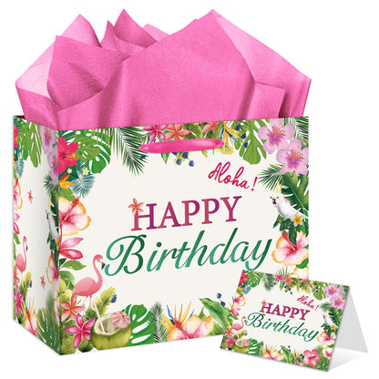 EIGHTSTATES Hawaiian Birthday Gift Bag Large Aloha Happy Birthday Party Decorations - Tropical Summer Beach Pool Party Favor Supplies - Includes Tissue Papers & Greeting Card - Luau Theme Gift Bags