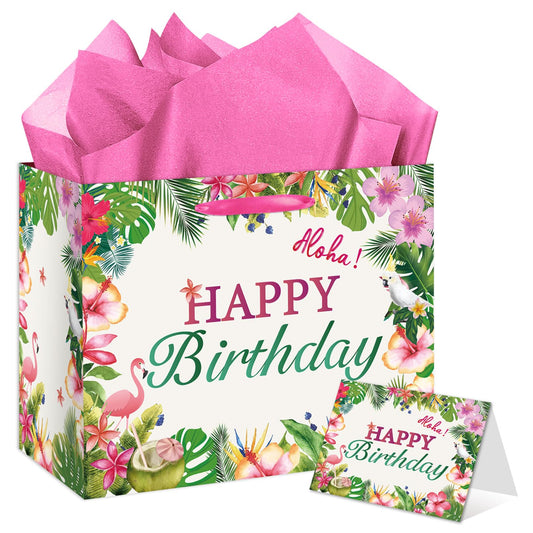 EIGHTSTATES Hawaiian Birthday Gift Bag Large Aloha Happy Birthday Party Decorations - Tropical Summer Beach Pool Party Favor Supplies - Includes Tissue Papers & Greeting Card - Luau Theme Gift Bags