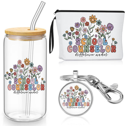 Kacctyen School Counselor Gift for Women School Counselor Makeup Bag with Keychain 17 oz Glass Cup with Lid and Straw Appreciation Gifts