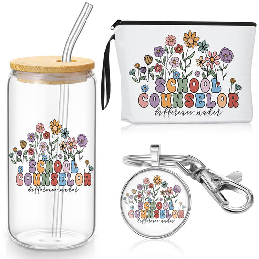 Kacctyen School Counselor Gift for Women School Counselor Makeup Bag with Keychain 17 oz Glass Cup with Lid and Straw Appreciation Gifts