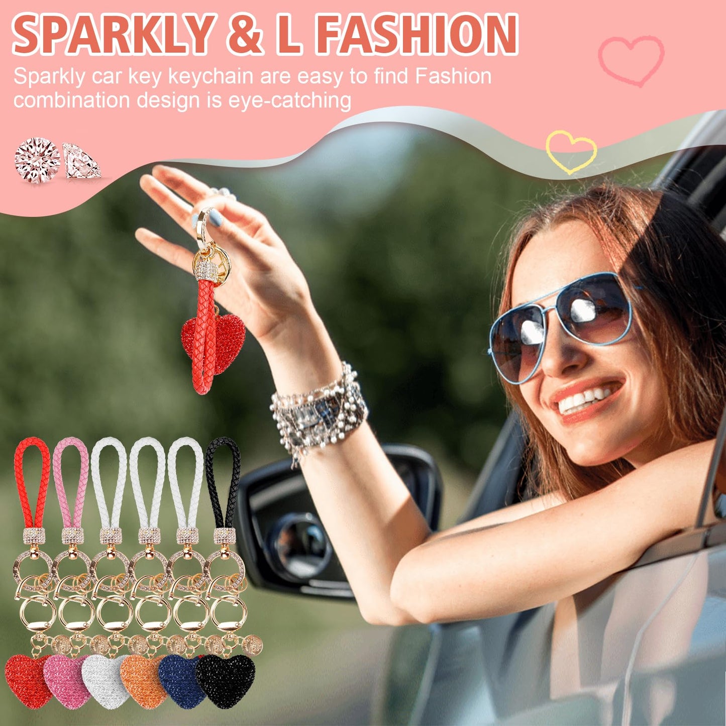Car Keychain for Women with Rhinestone Heart Shape Bling Girl Cute Keychain for Christmas,Personalized Gift