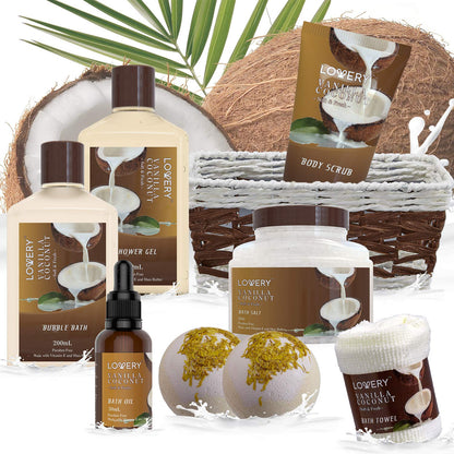 Gifts For Women Gift Basket for Women– Mothers Day Gifts for Mom, 9 Piece Set of Vanilla Coconut Home Spa Set, Luxurious Bath and Body Set, Includes Fragrant Lotions, Large Bath Bombs, Coconut Oil
