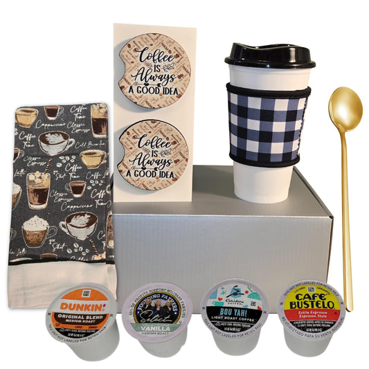 Coffee Gift Set – Travel Mug, Insulated Sleeve, K Pods, Spoon, Coasters & Towel | Coffee Lovers Gift Basket