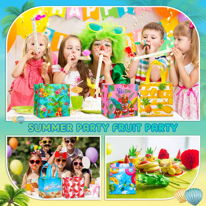 Hillban 60 Pcs 8 x 8 x 6 Inch Summer Party Favor Bags Fruit Gift Treat Bags Hawaii Aloha Goodie Totes Summer Beach Pineapple Watermelon Non Woven Totes with Handles for Party Supplies