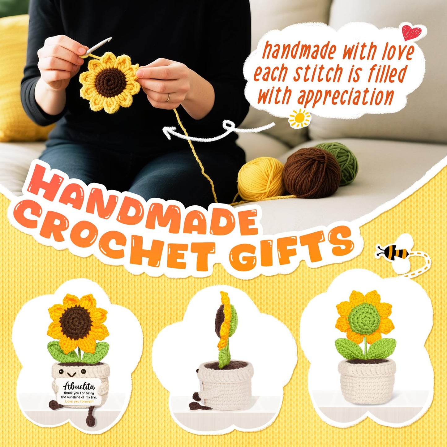 AceThrills Abuelita Gifts, Regalos para Abuela | Regalos de Cumpleaños de Nietos para Día de la Madre, Navidad y Cumpleaños - Hecho a Mano con Crochet Divertido y Bonito Girasol
