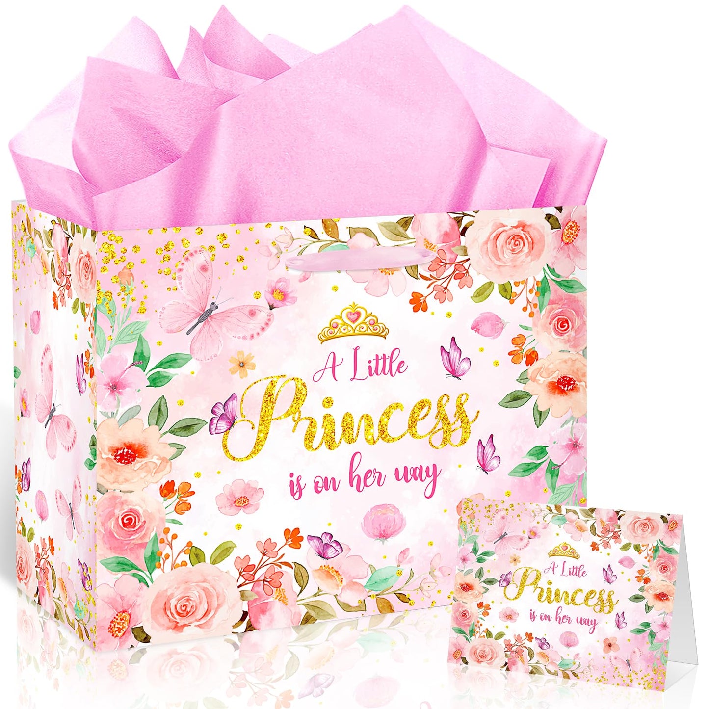 Princess Baby Shower Birthday Gift Bag for Baby Girls A Little Princess is On Her Way Bag with Wrapping Paper Card Pink Rose Gold Flowers Gift Bag for Princess Baby Shower Birthday Party Supplies