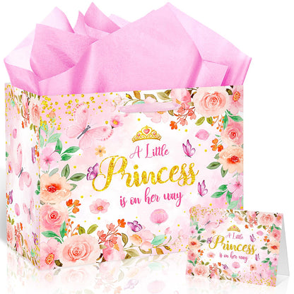 Princess Baby Shower Birthday Gift Bag for Baby Girls A Little Princess is On Her Way Bag with Wrapping Paper Card Pink Rose Gold Flowers Gift Bag for Princess Baby Shower Birthday Party Supplies