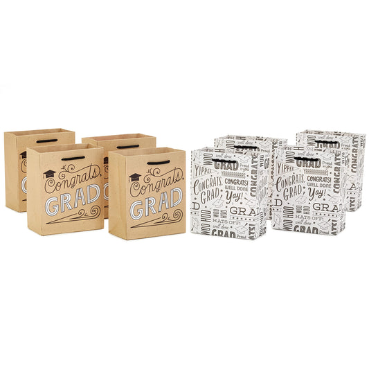 Hallmark 6" Small Graduation Gift Bag Bundle (8 Bags, 2 Designs: Kraft Congrats, Grad, Black and White) for High School Graduates, Preschool, Kindergarten, College, Open House Party Favors