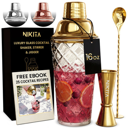 Nikita Cocktail Shaker, 5-Piece Martini Shaker & Bartender Kit with Bar Accessories Strainer, Jigger, Spoon & Muddler, Gold 16oz Drink Mixer with Bartender Accessories