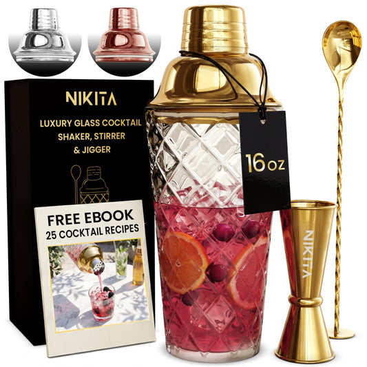 Nikita Cocktail Shaker, 5-Piece Martini Shaker & Bartender Kit with Bar Accessories Strainer, Jigger, Spoon & Muddler, Gold 16oz Drink Mixer with Bartender Accessories