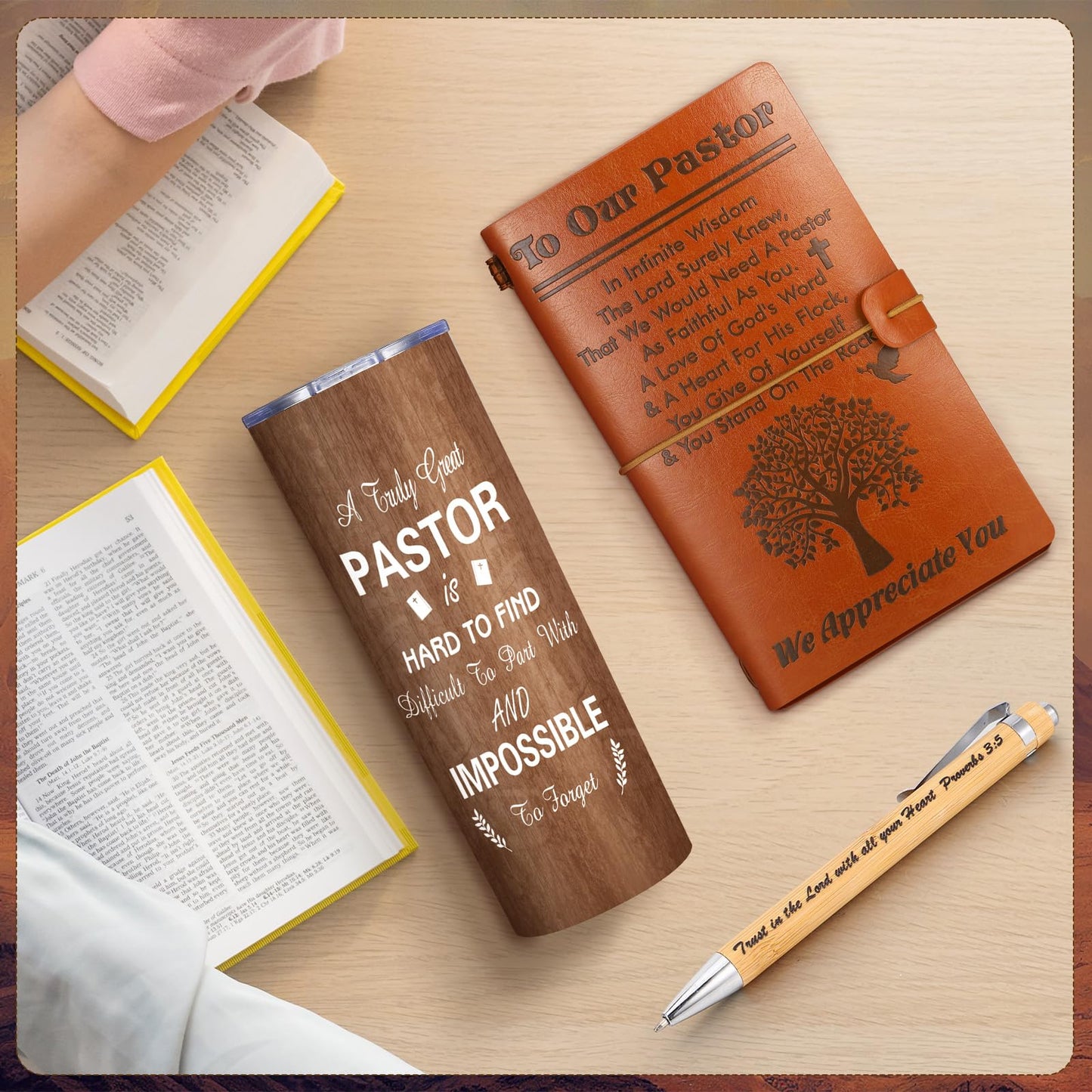 Skylety 4 Pcs Pastor Appreciation Gifts Set Pastor Refillable Journal Ordained Minister 20 oz Stainless Steel Cup Priest Socks Clergy Pen for Church Birthday Gifts