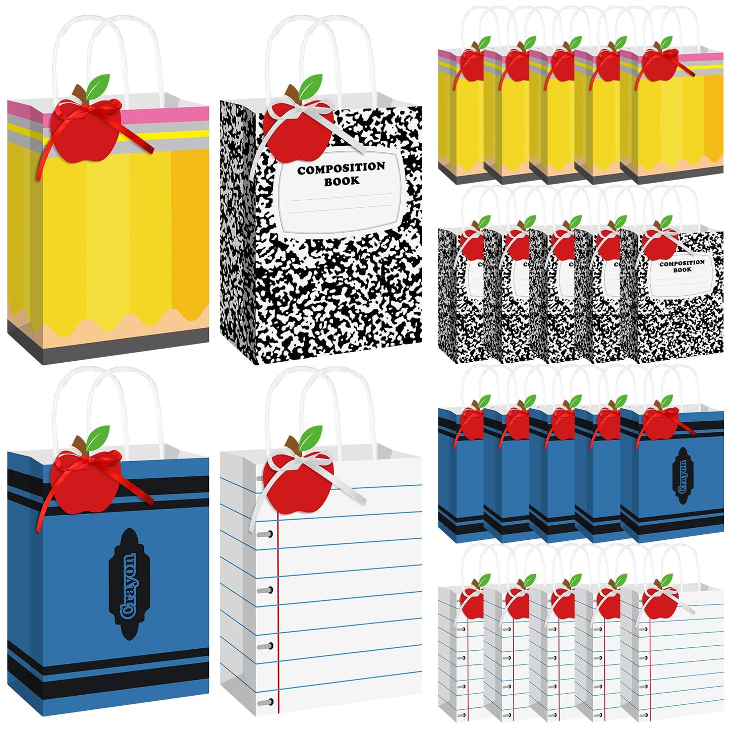 Geyoga 24 Sets End of Year Teacher Gift Bags with Apple Tag Pencil Notebook Composition Book Crayons Bag Teacher Appreciation Preschool Kindergarten Graduation Back to School Classroom Party Supplies