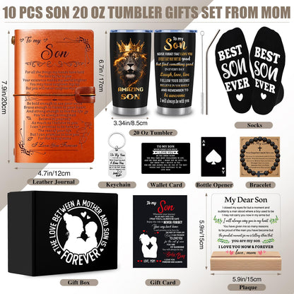 10 PCS Son Gifts from Mom with 20 Oz Tumbler, Leather Journal, Acrylic Desk Plaque Sign, Socks, Bracelet, Birthday Graduation Father's Day Christmas Valentines Day Gifts for Teens Adult Grown Son