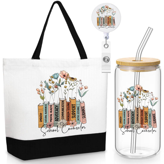 Vesici 3 Pcs School Counselor Teacher Appreciation Gifts for Women, 16 oz Glass Cup Large Canvas Tote Bag with Retractable Badge Reel Teacher Appreciation Week Gifts for Instructor Graduation Favors