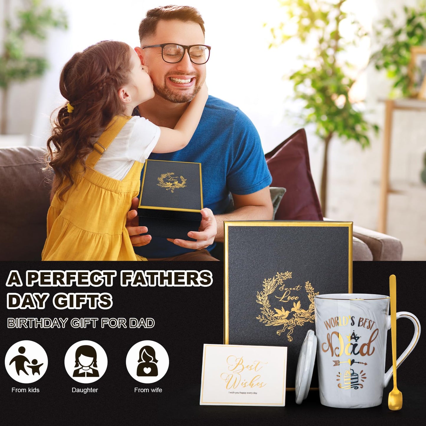 Fathers Day Birthday Gifts Presents for Dad from Daughter Son - World's Best Dad - Funny Daddy Mug with Gold Print, 14Oz Grey Marble Ceramic Coffee Cup, with Lid Spoon Greeting Card, Nice Gift Boxed