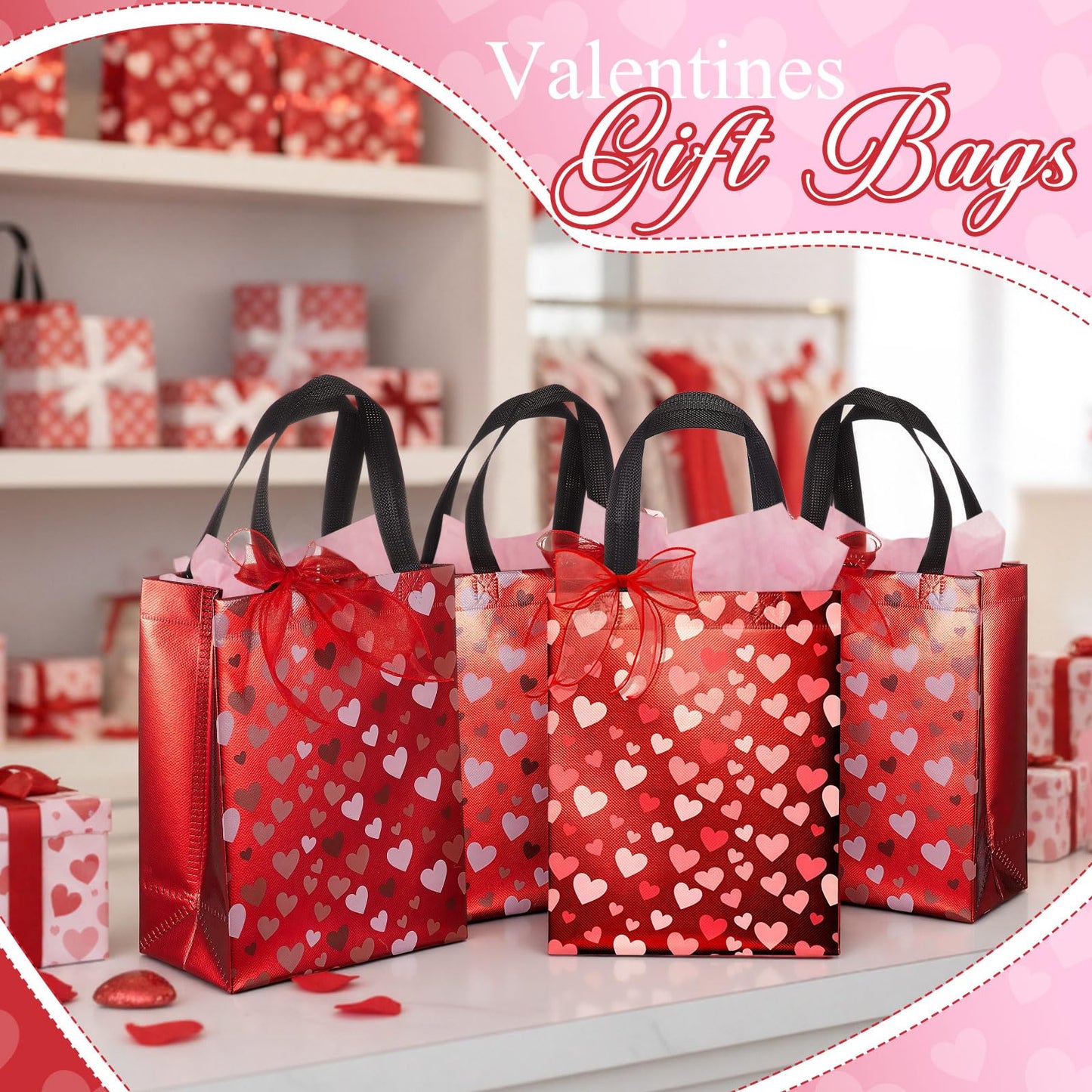 Henoyso 12 Pcs Valentines Day Gift Bags, Reusable Heart Gift Bags with Handle Ribbon, Iridescent Non-woven Holographic Medium Sparkly Tote Bulk for Valentines Party Favor Goodie Wrapping, 10 x 8 x 4''