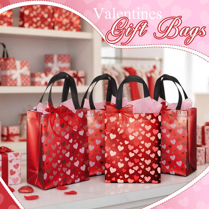 Henoyso 12 Pcs Valentines Day Gift Bags, Reusable Heart Gift Bags with Handle Ribbon, Iridescent Non-woven Holographic Medium Sparkly Tote Bulk for Valentines Party Favor Goodie Wrapping, 10 x 8 x 4''